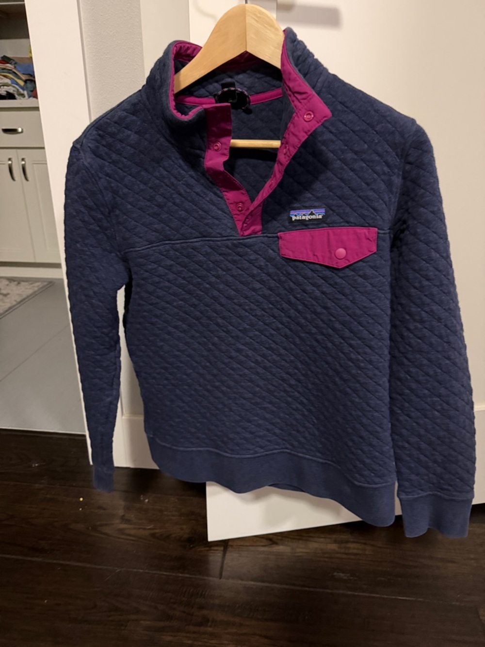 Patagonia Quilted Zip-Up Pullover - Navy with Magenta Trim